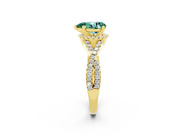 Yellow gold Pear Cut Green Sapphire  Halo Twist Band Solitaire Prong Setting Ring