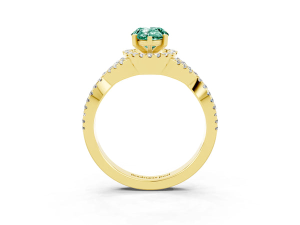 Yellow gold Pear Cut Green Sapphire  Halo Twist Band Solitaire Prong Setting Ring