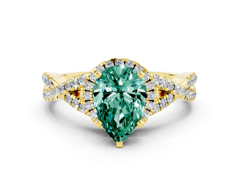 Yellow gold Pear Cut Green Sapphire Halo Twist Band Solitaire Prong Setting Ring