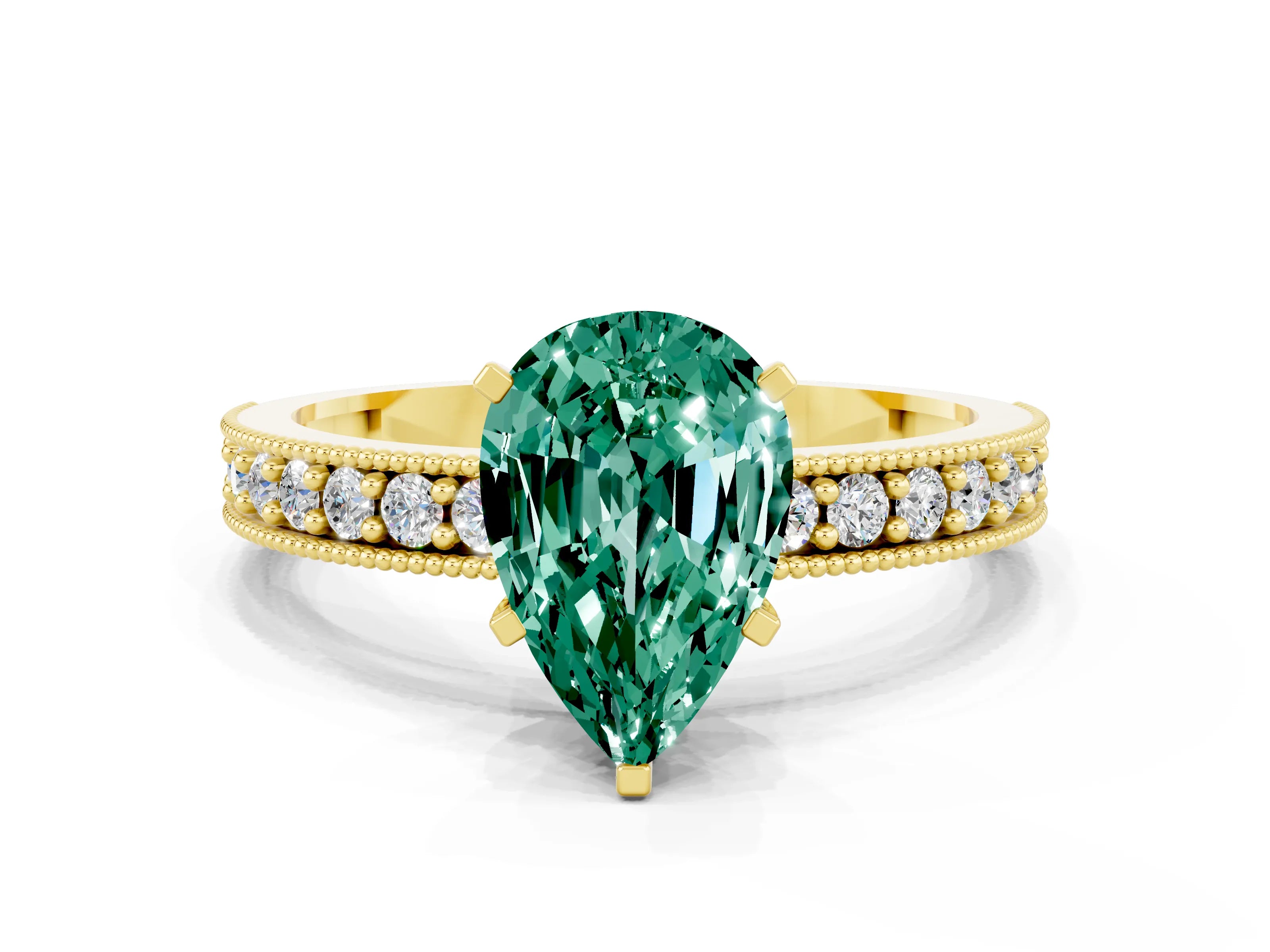 Yellow gold Pear Cut Green Sapphire Milgrain Pavé Engagement Ring with Four-Prong Setting