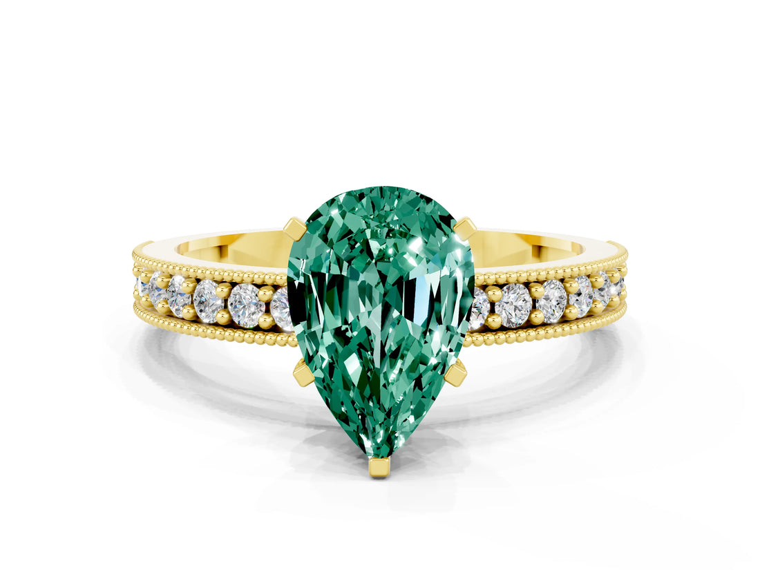 Yellow gold Pear Cut Green Sapphire Milgrain Pavé Engagement Ring with Four-Prong Setting
