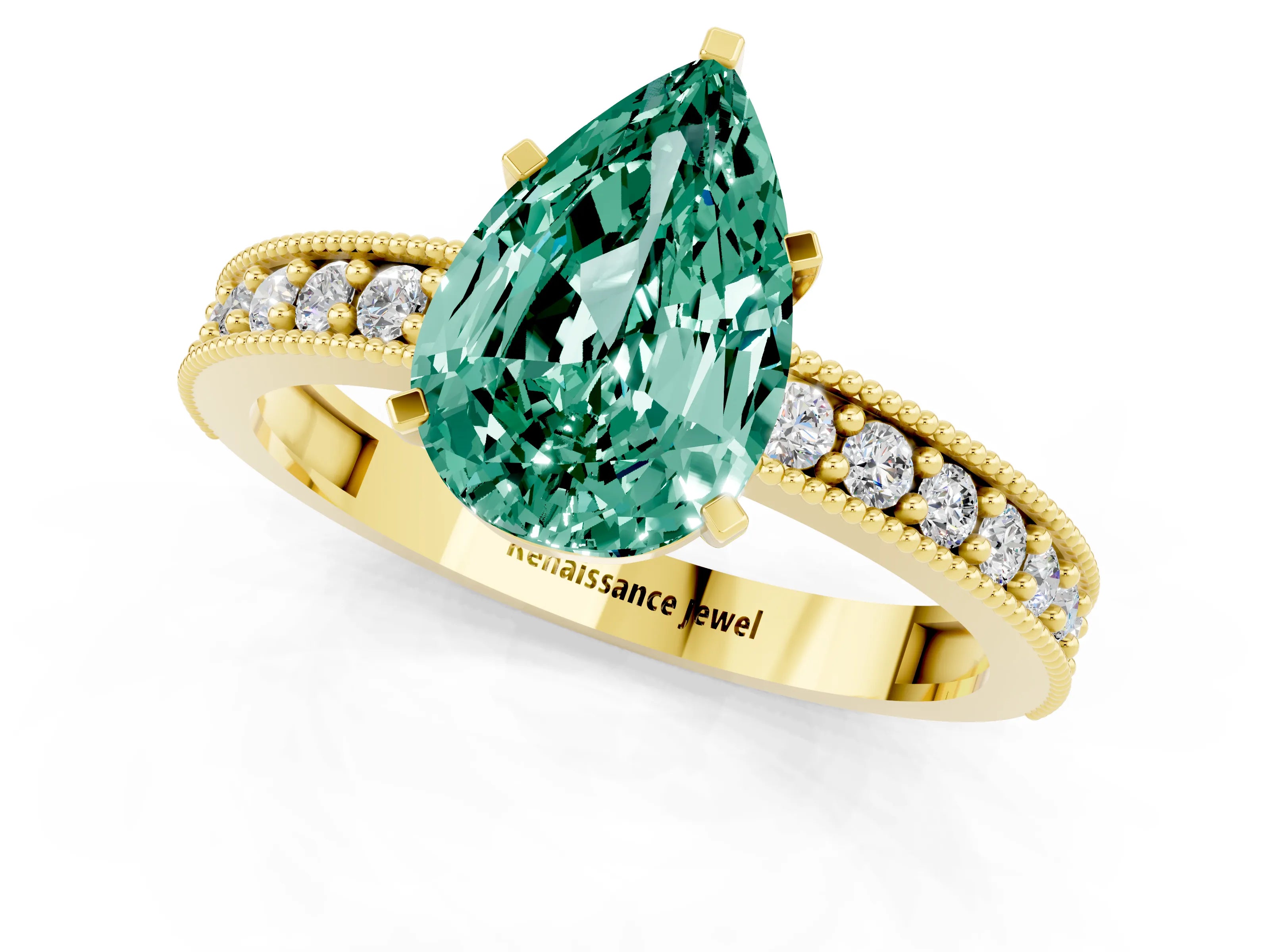 Yellow gold Pear Cut Green Sapphire Milgrain Pavé Engagement Ring with Four-Prong Setting_1