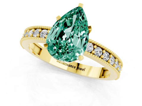 Yellow gold Pear Cut Green Sapphire Milgrain Pavé Engagement Ring with Four-Prong Setting_1