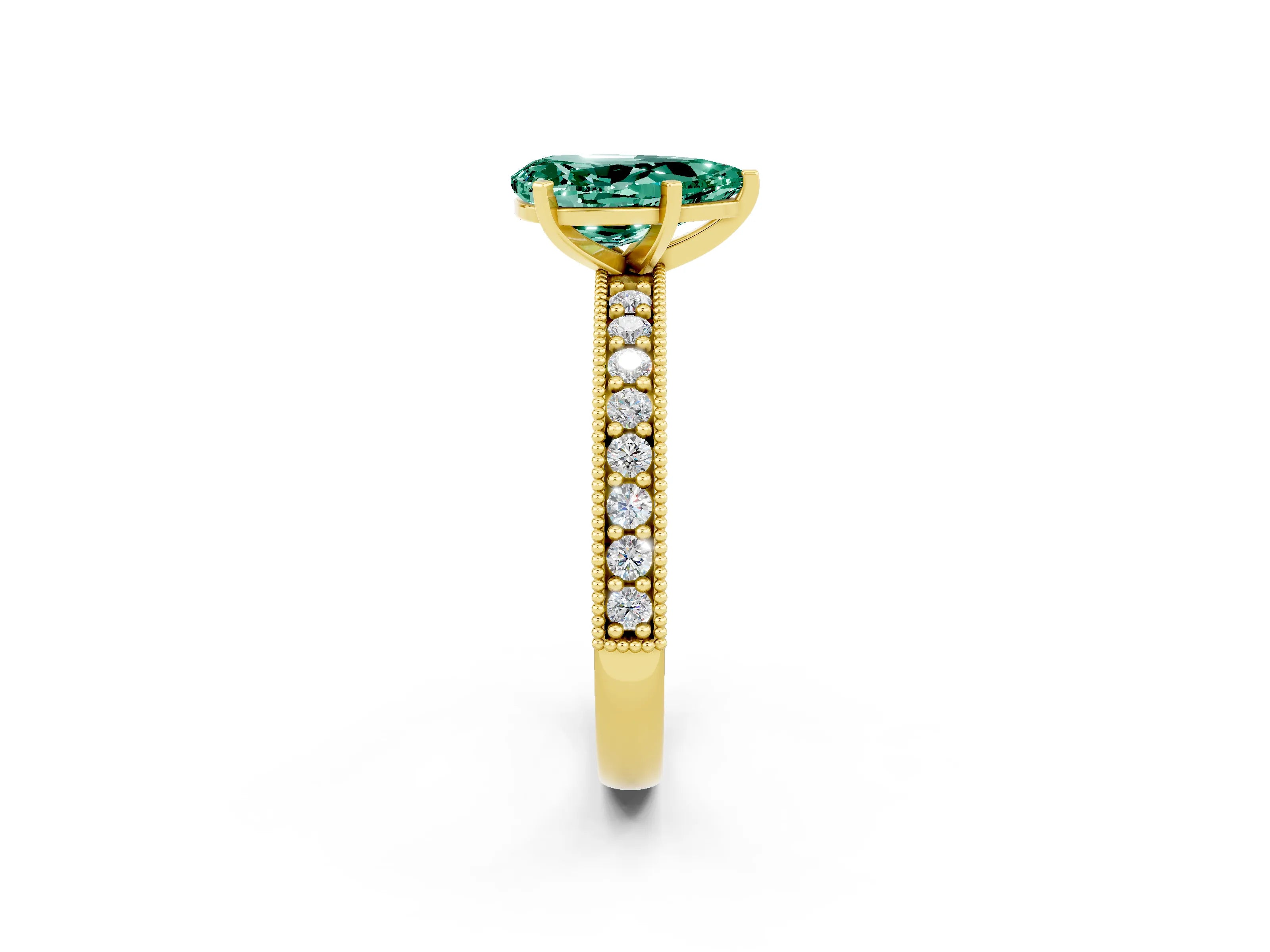 Yellow gold Pear Cut Green Sapphire Milgrain Pavé Engagement Ring with Four-Prong Setting_2
