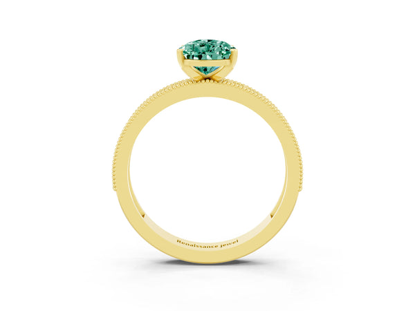 Yellow gold Pear Cut Green Sapphire Milgrain Pavé Engagement Ring with Four-Prong Setting