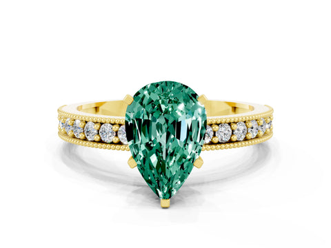 Yellow gold Pear Cut Green Sapphire Milgrain Pavé Engagement Ring with Four-Prong Setting