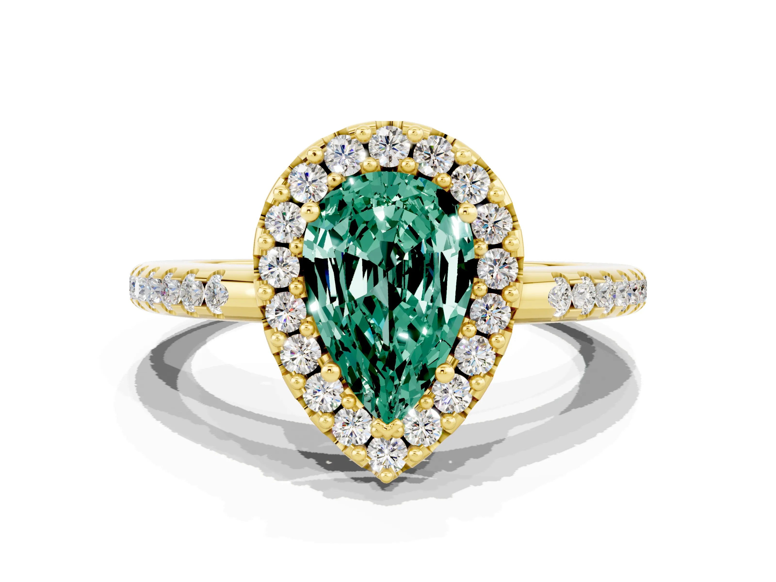 Yellow gold Pear Cut Green Sapphire Pavé Halo Ring with Four-Prong Setting_12