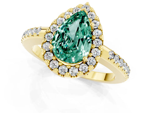 Yellow gold Pear Cut Green Sapphire Pavé Halo Ring with Four-Prong Setting_13