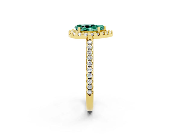 Yellow gold Pear Cut Green Sapphire Pavé Halo Ring with Four-Prong Setting
