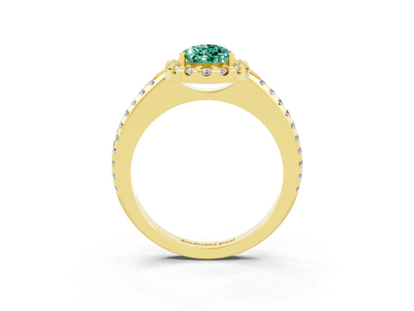 Yellow gold Pear Cut Green Sapphire Pavé Halo Ring with Four-Prong Setting