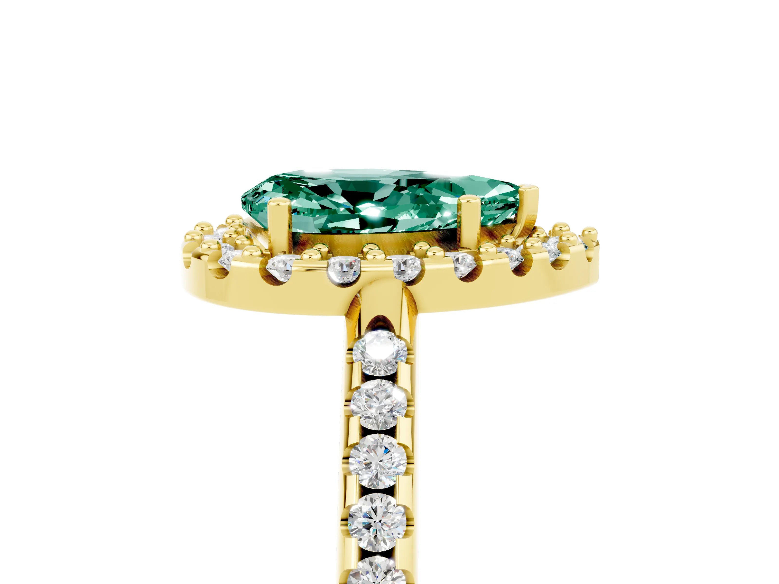 Yellow gold Pear Cut Green Sapphire Pavé Halo Ring with Four-Prong Setting_17