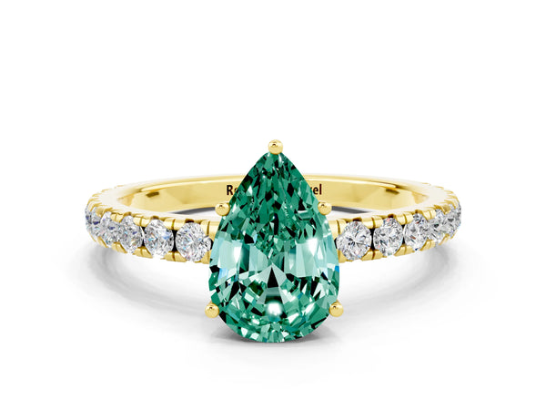 Yellow gold Pear Cut Green Sapphire Pavé Solitaire Engagement Ring with Four-Prong Setting
