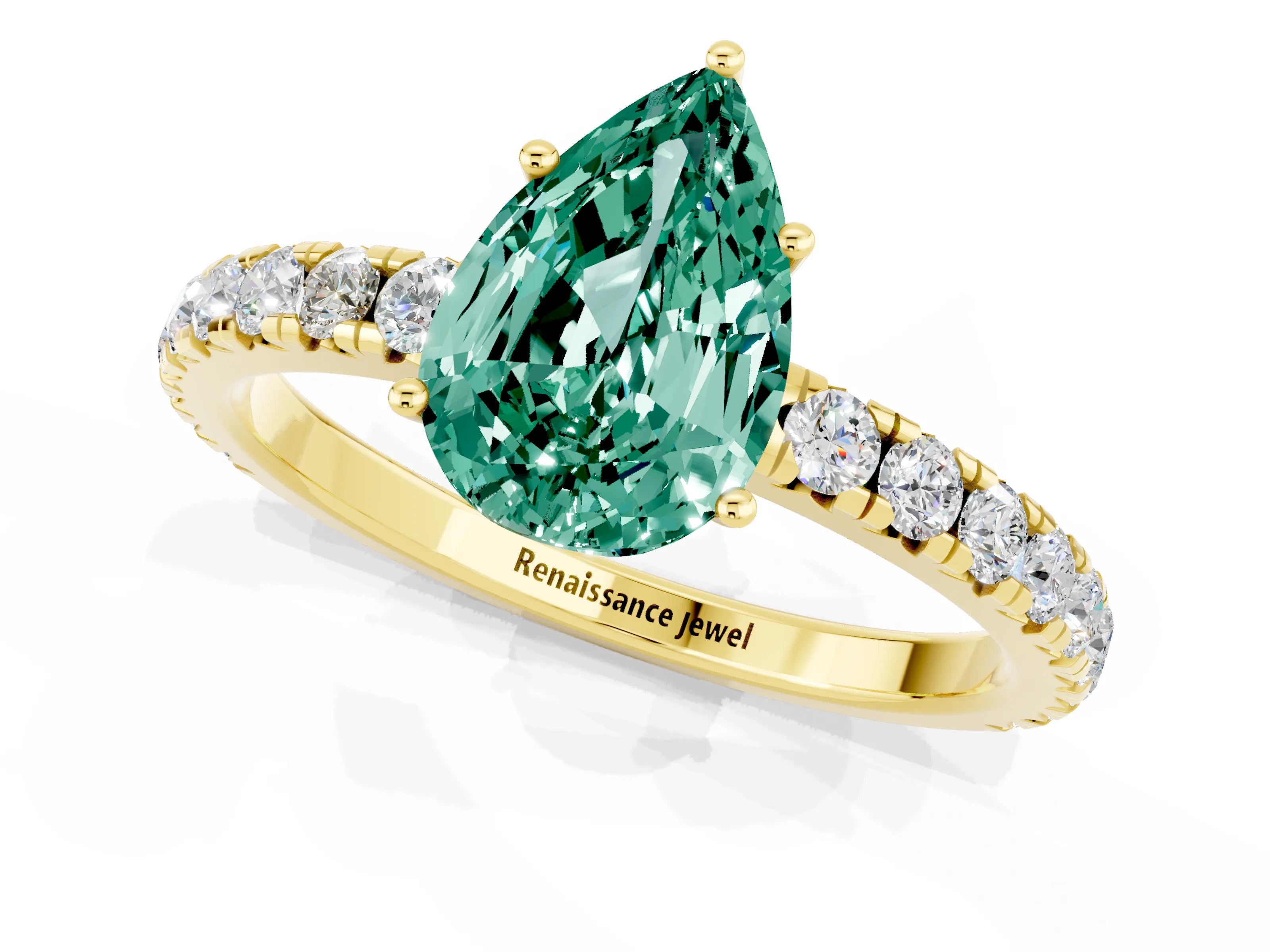 Yellow gold Pear Cut Green Sapphire Pavé Solitaire Engagement Ring with Four-Prong Setting_13