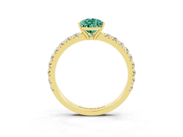 Yellow gold Pear Cut Green Sapphire Pavé Solitaire Engagement Ring with Four-Prong Setting