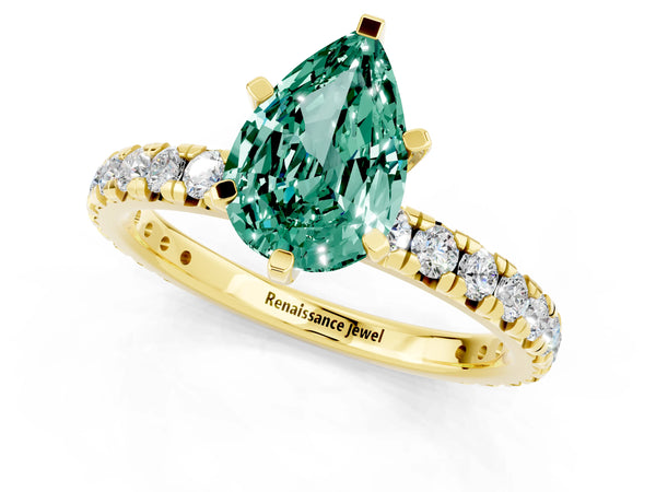 Yellow gold Pear Cut Green Sapphire Pavé Solitaire Ring with Round Band and Prong Setting