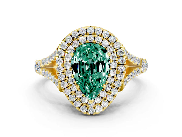 Yellow gold Pear Cut Green Sapphire Pavé Split Shank Double Halo Engagement Ring