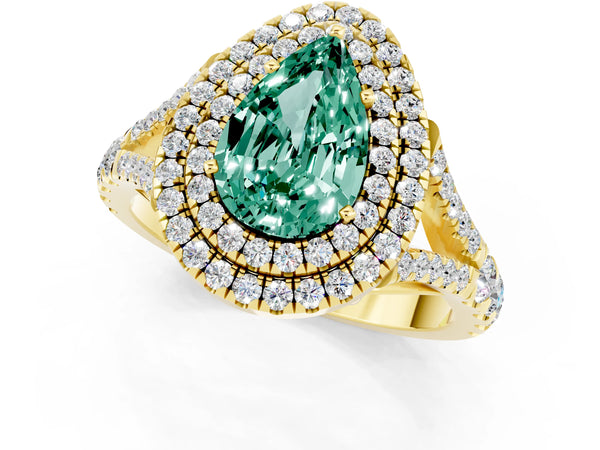 Yellow gold Pear Cut Green Sapphire Pavé Split Shank Double Halo Engagement Ring