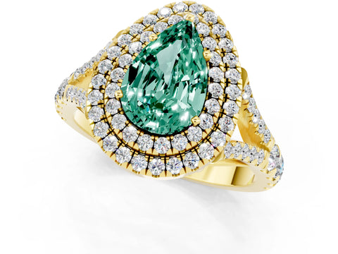 Yellow gold Pear Cut Green Sapphire Pavé Split Shank Double Halo Engagement Ring_1