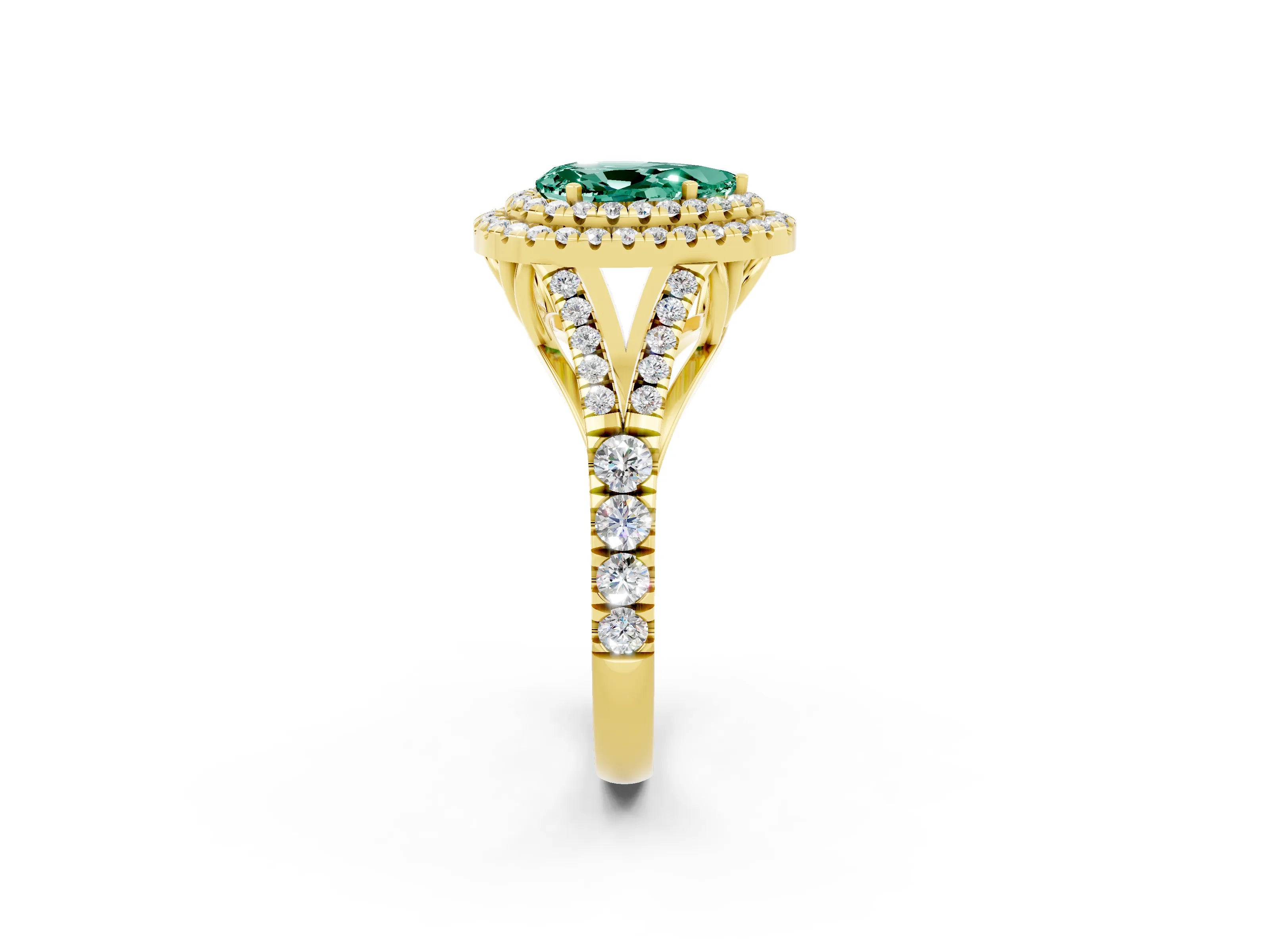Yellow gold Pear Cut Green Sapphire Pavé Split Shank Double Halo Engagement Ring_2