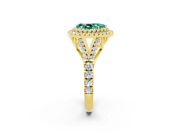 Yellow gold Pear Cut Green Sapphire Pavé Split Shank Double Halo Engagement Ring