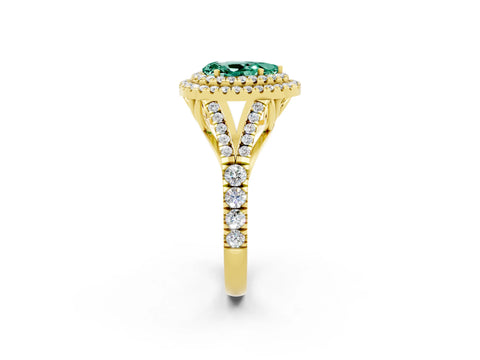 Yellow gold Pear Cut Green Sapphire Pavé Split Shank Double Halo Engagement Ring_2