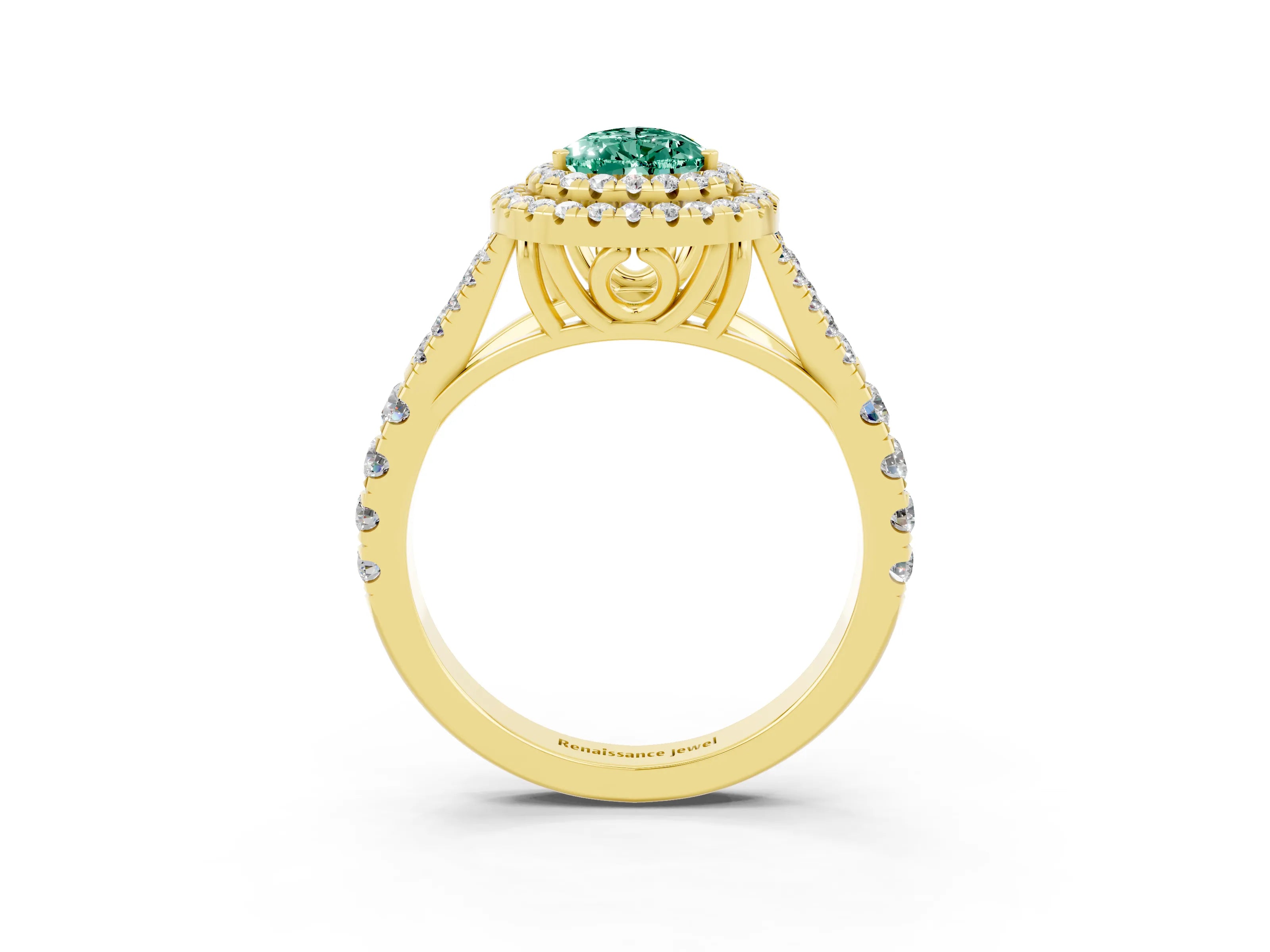 Yellow gold Pear Cut Green Sapphire Pavé Split Shank Double Halo Engagement Ring_3