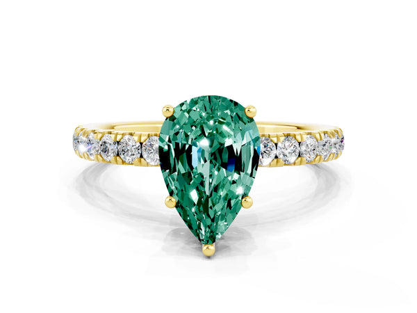 Yellow gold Pear Cut Green Sapphire Pave Band Solitaire Ring with Round  and Prong Setting