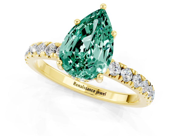 Yellow gold Pear Cut Green Sapphire Pave Band Solitaire Ring with Round  and Prong Setting