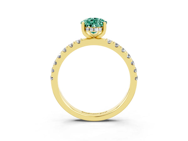 Yellow gold Pear Cut Green Sapphire Pave Band Solitaire Ring with Round  and Prong Setting