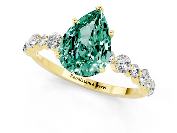 Yellow gold Pear Cut Green Sapphire Prong Set Engagement Ring with Pavé Band