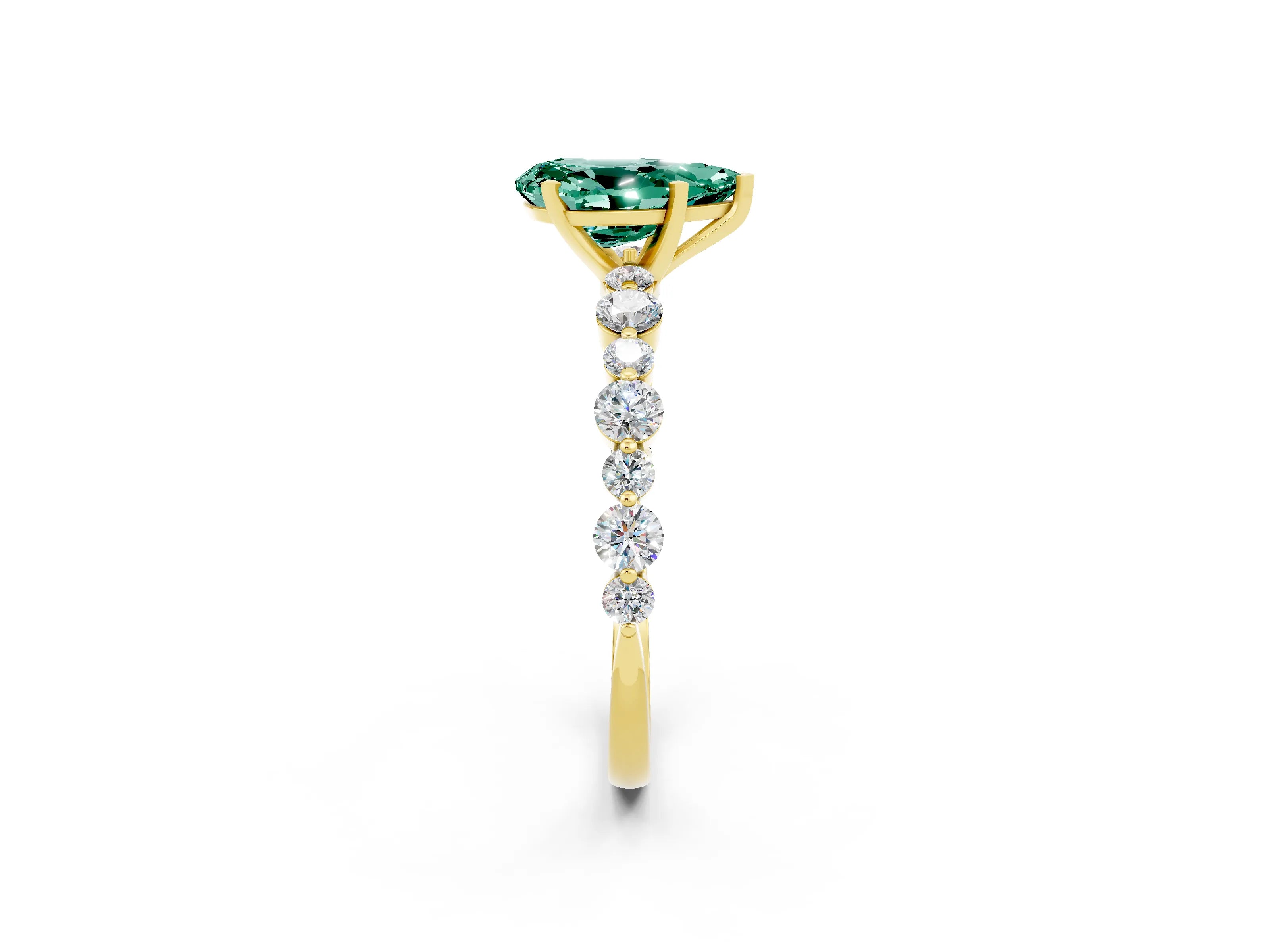 Yellow gold Pear Cut Green Sapphire Prong Set Engagement Ring with Pavé Band_2