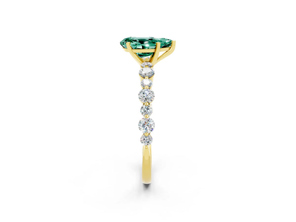 Yellow gold Pear Cut Green Sapphire Prong Set Engagement Ring with Pavé Band
