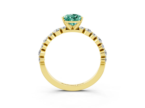Yellow gold Pear Cut Green Sapphire Prong Set Engagement Ring with Pavé Band