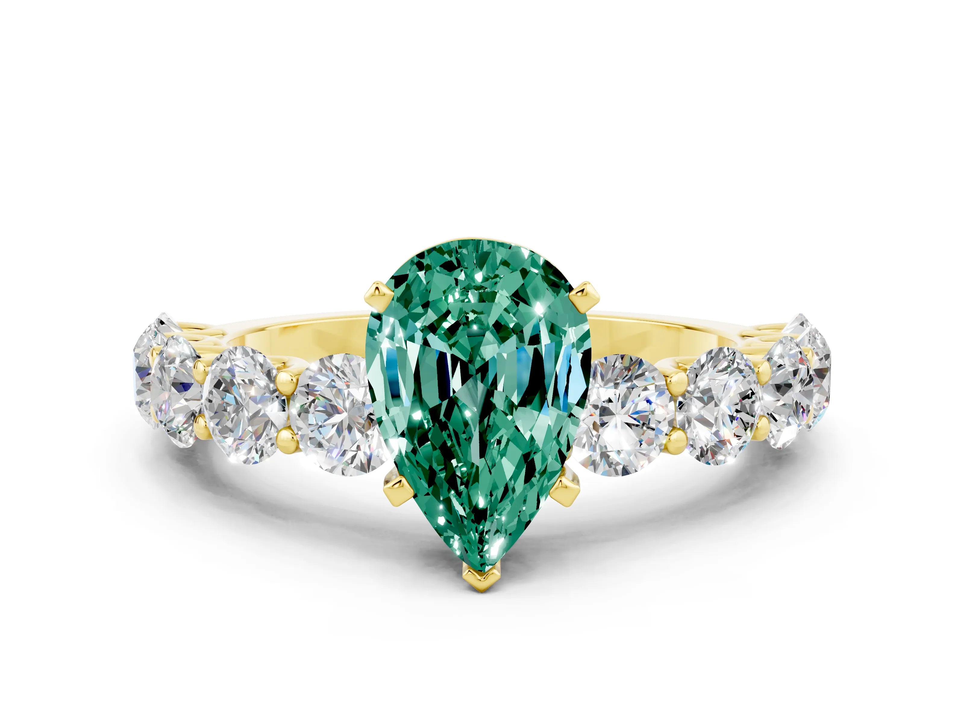 Yellow gold Pear Cut Green Sapphire Prong Setting with Side Stones on a Pave Band