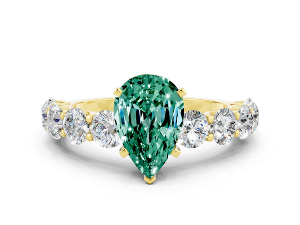 Yellow gold Pear Cut Green Sapphire Prong Setting with Side Stones on a Pave Band