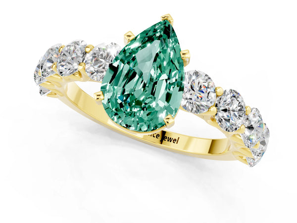 Yellow gold Pear Cut Green Sapphire Prong Setting with Side Stones on a Pave Band