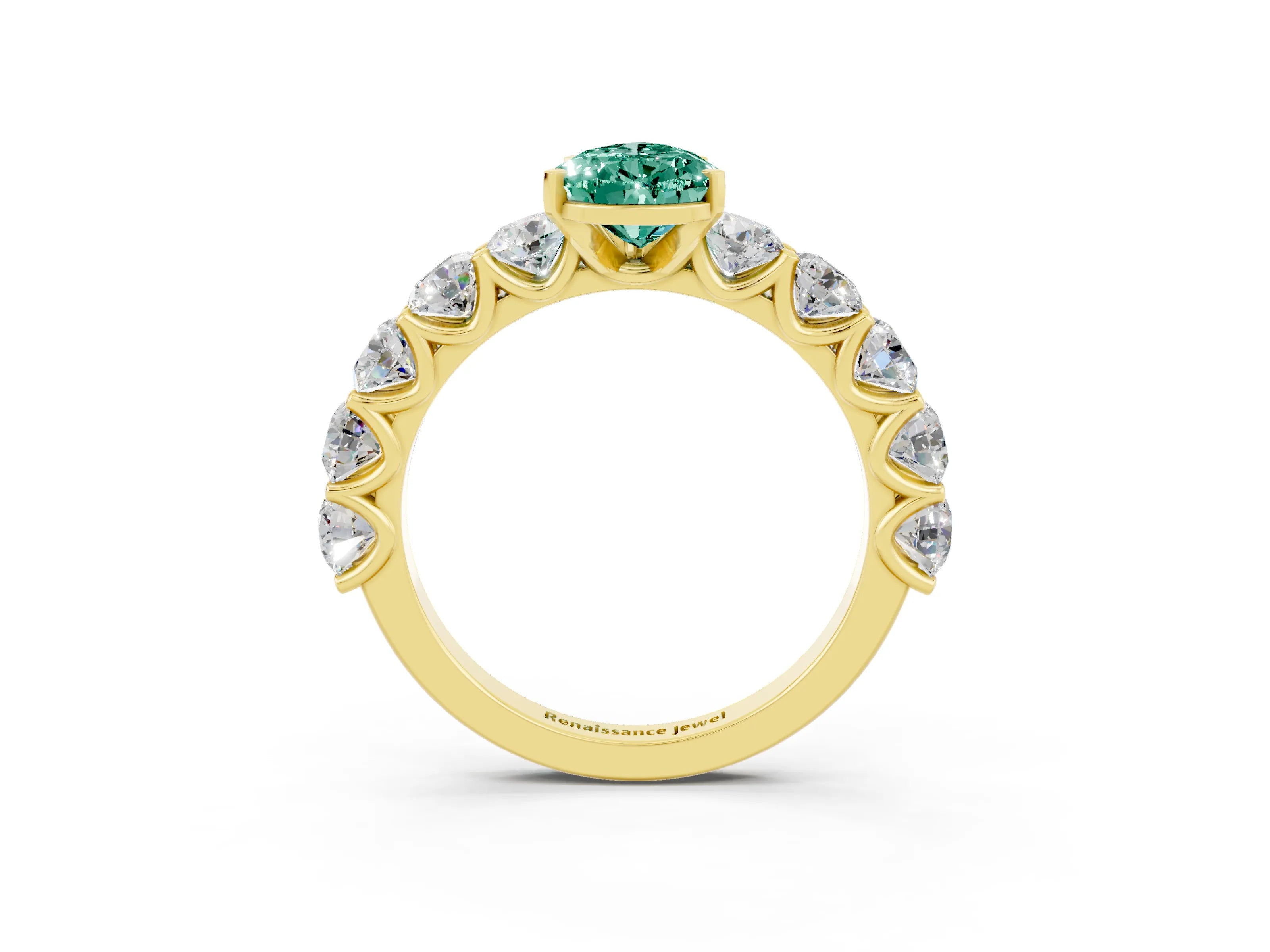 Yellow gold Pear Cut Green Sapphire Prong Setting with Side Stones on a Pave Band_3