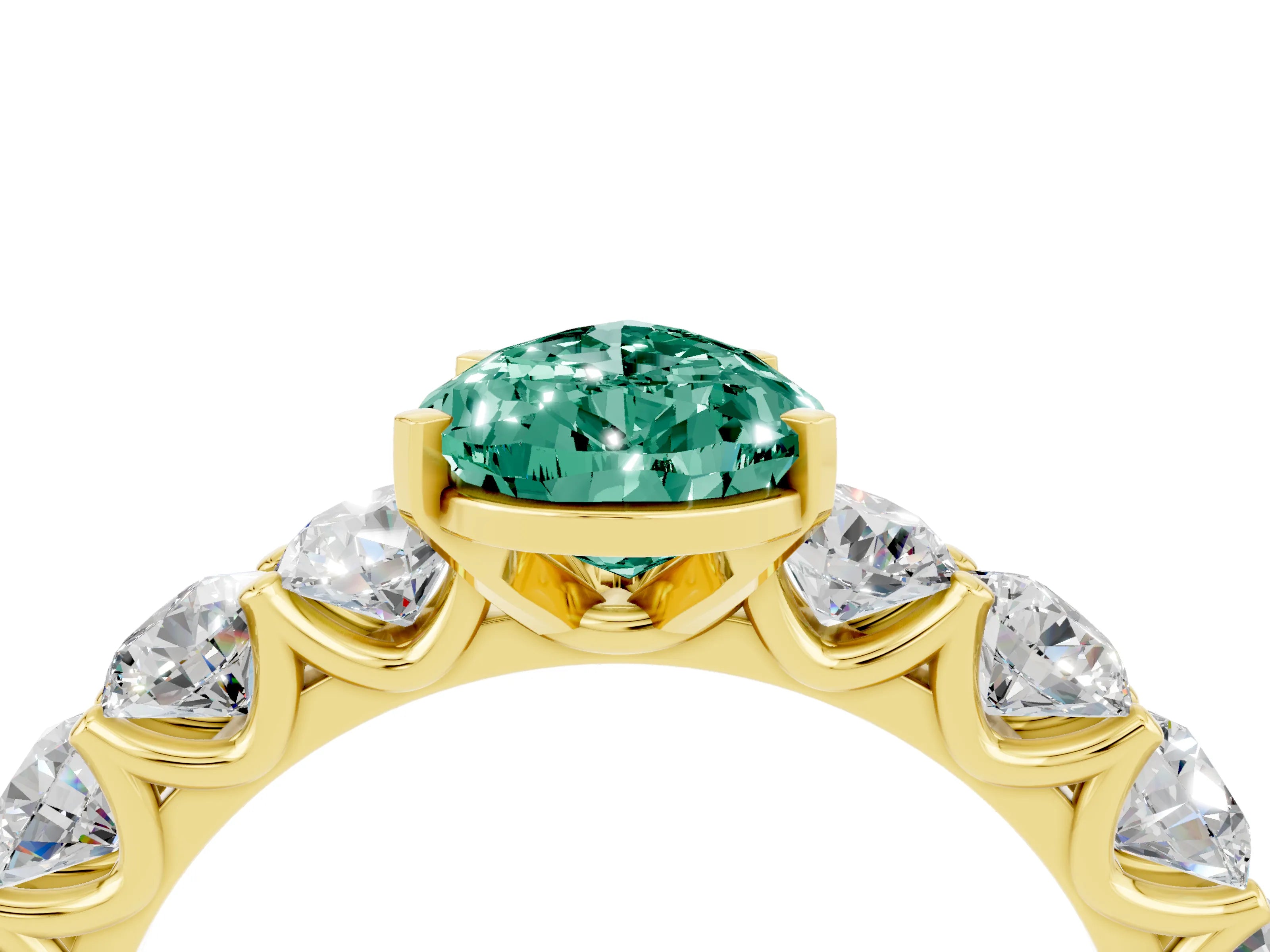 Yellow gold Pear Cut Green Sapphire Prong Setting with Side Stones on a Pave Band_4