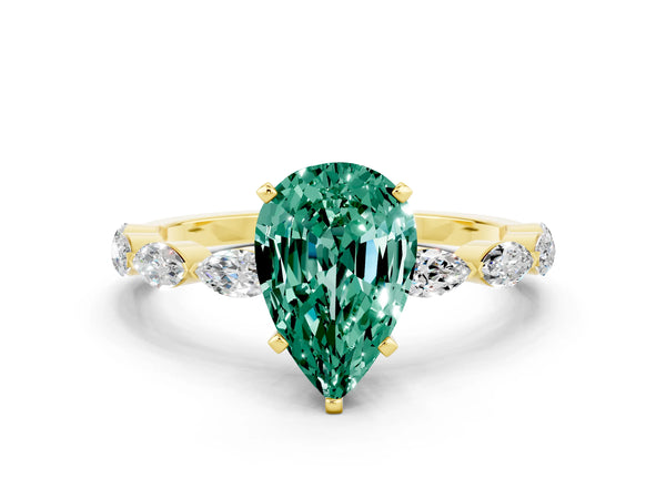 Yellow gold Pear Cut Green Sapphire Ring with Marquise Side Stones and Prong Setting