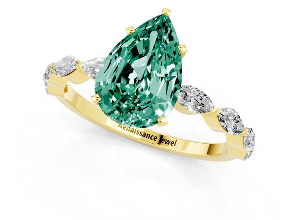 Yellow gold Pear Cut Green Sapphire Ring with Marquise Side Stones and Prong Setting