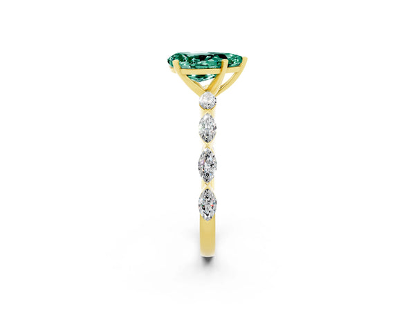 Yellow gold Pear Cut Green Sapphire Ring with Marquise Side Stones and Prong Setting