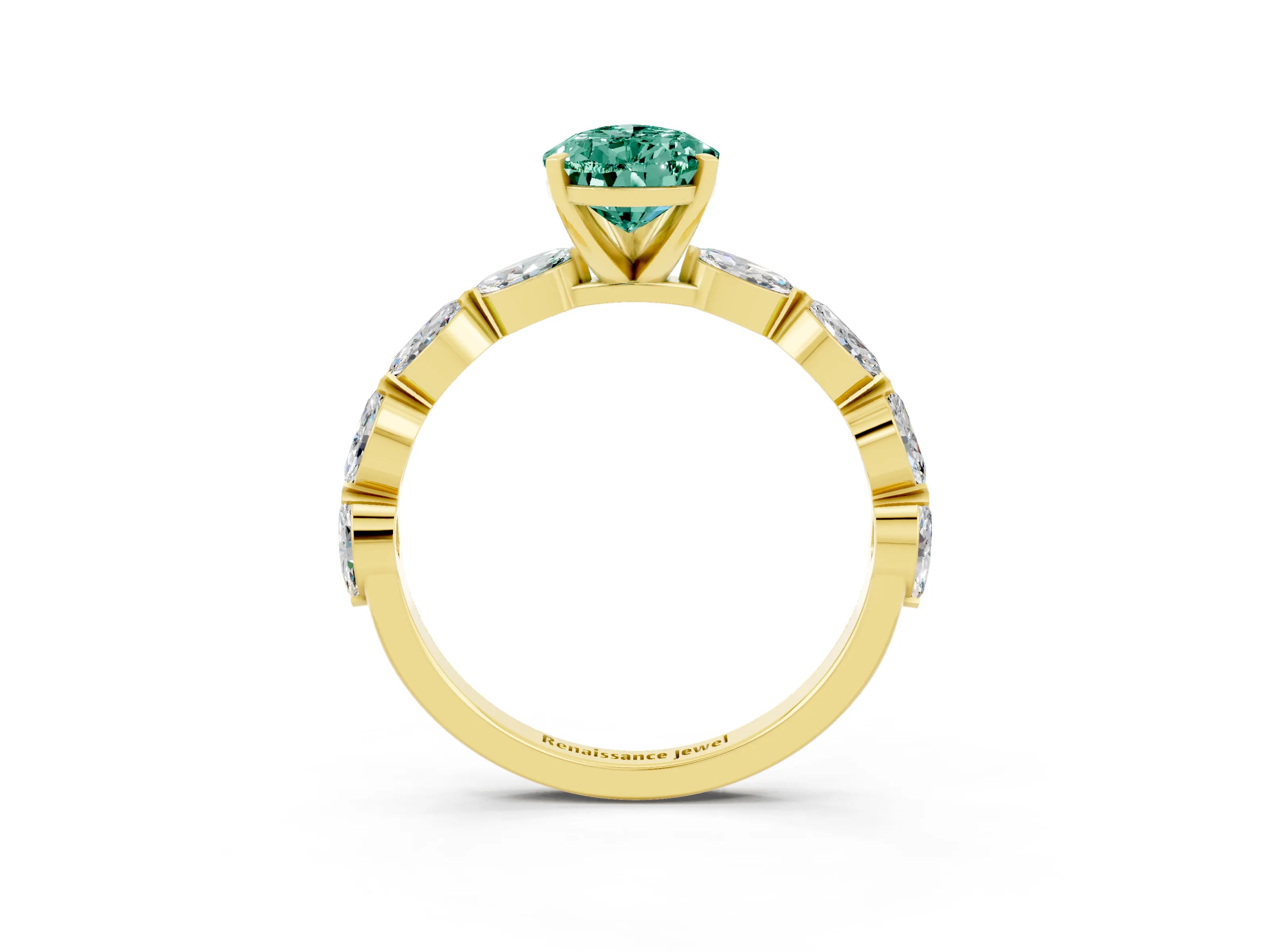 Yellow gold Pear Cut Green Sapphire Ring with Marquise Side Stones and Prong Setting_3
