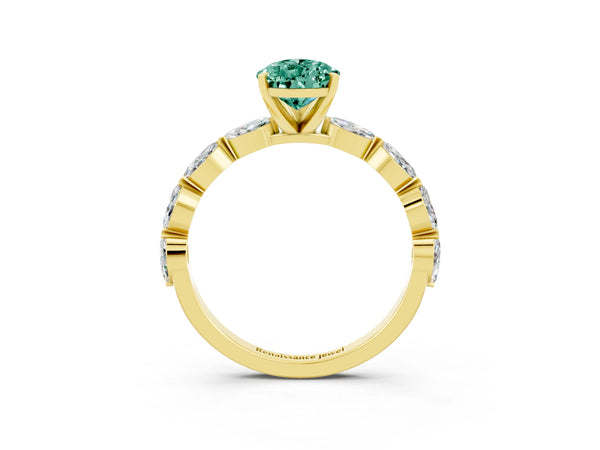 Yellow gold Pear Cut Green Sapphire Ring with Marquise Side Stones and Prong Setting