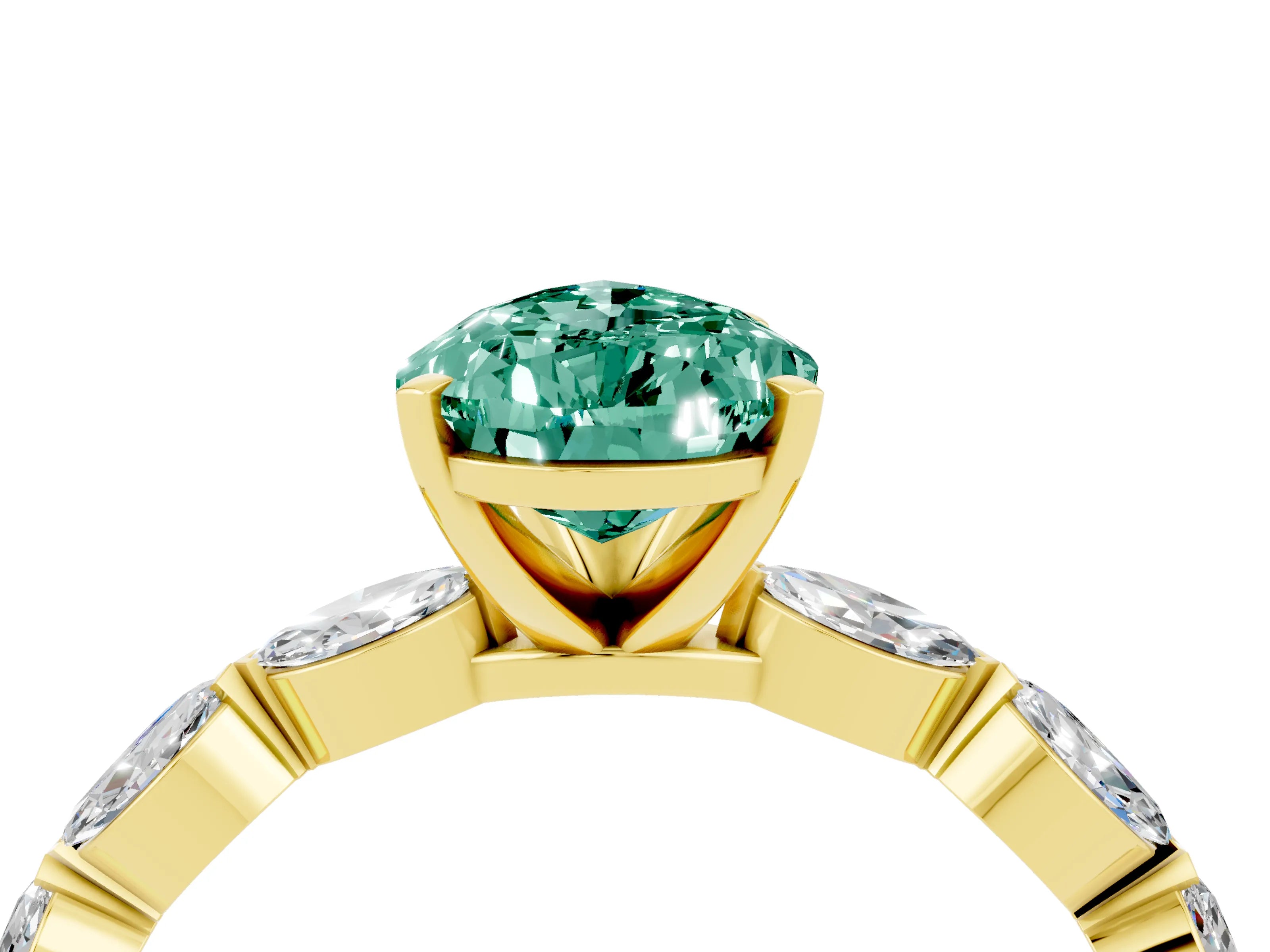 Yellow gold Pear Cut Green Sapphire Ring with Marquise Side Stones and Prong Setting_4