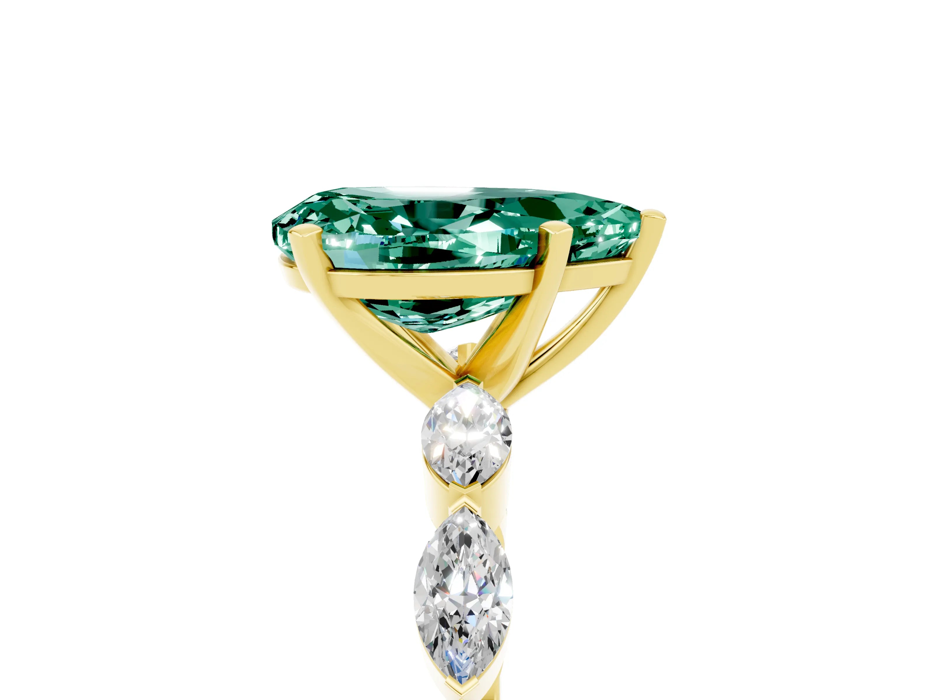 Yellow gold Pear Cut Green Sapphire Ring with Marquise Side Stones and Prong Setting_5