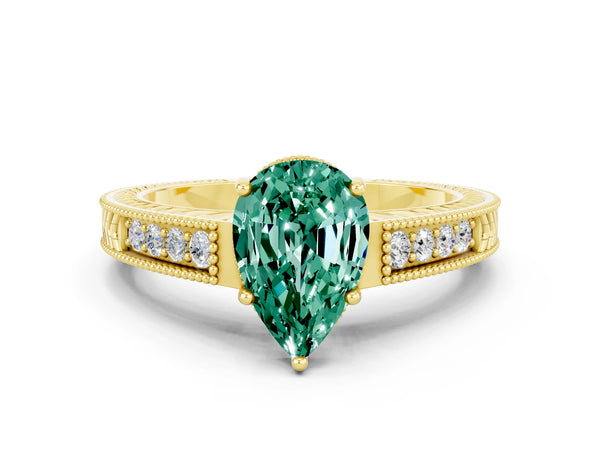 Yellow gold Pear Cut Green Sapphire Ring with Milgrain Pavé Band and Four-Prong Setting