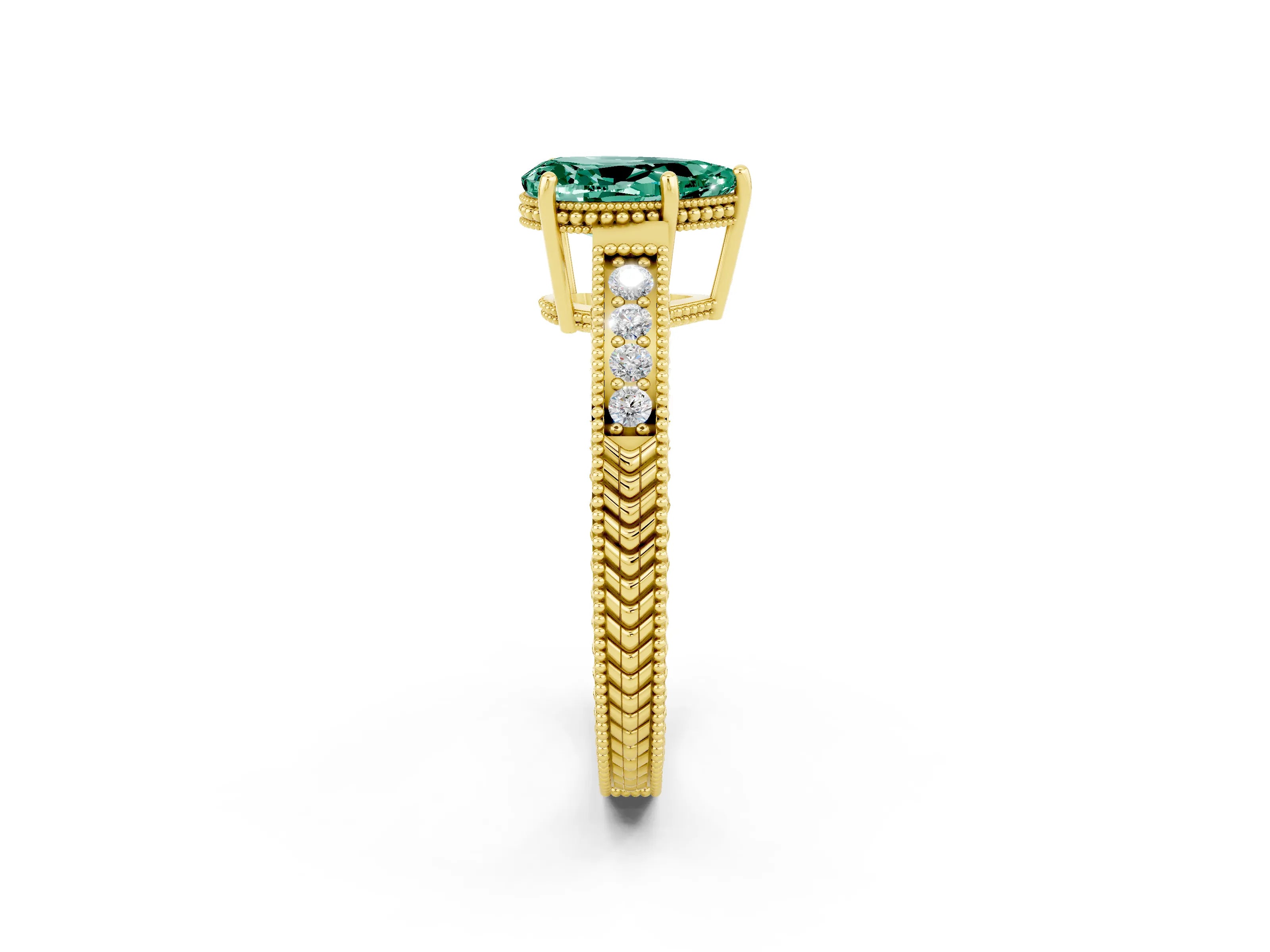 Yellow gold Pear Cut Green Sapphire Ring with Milgrain Pavé Band and Four-Prong Setting_14