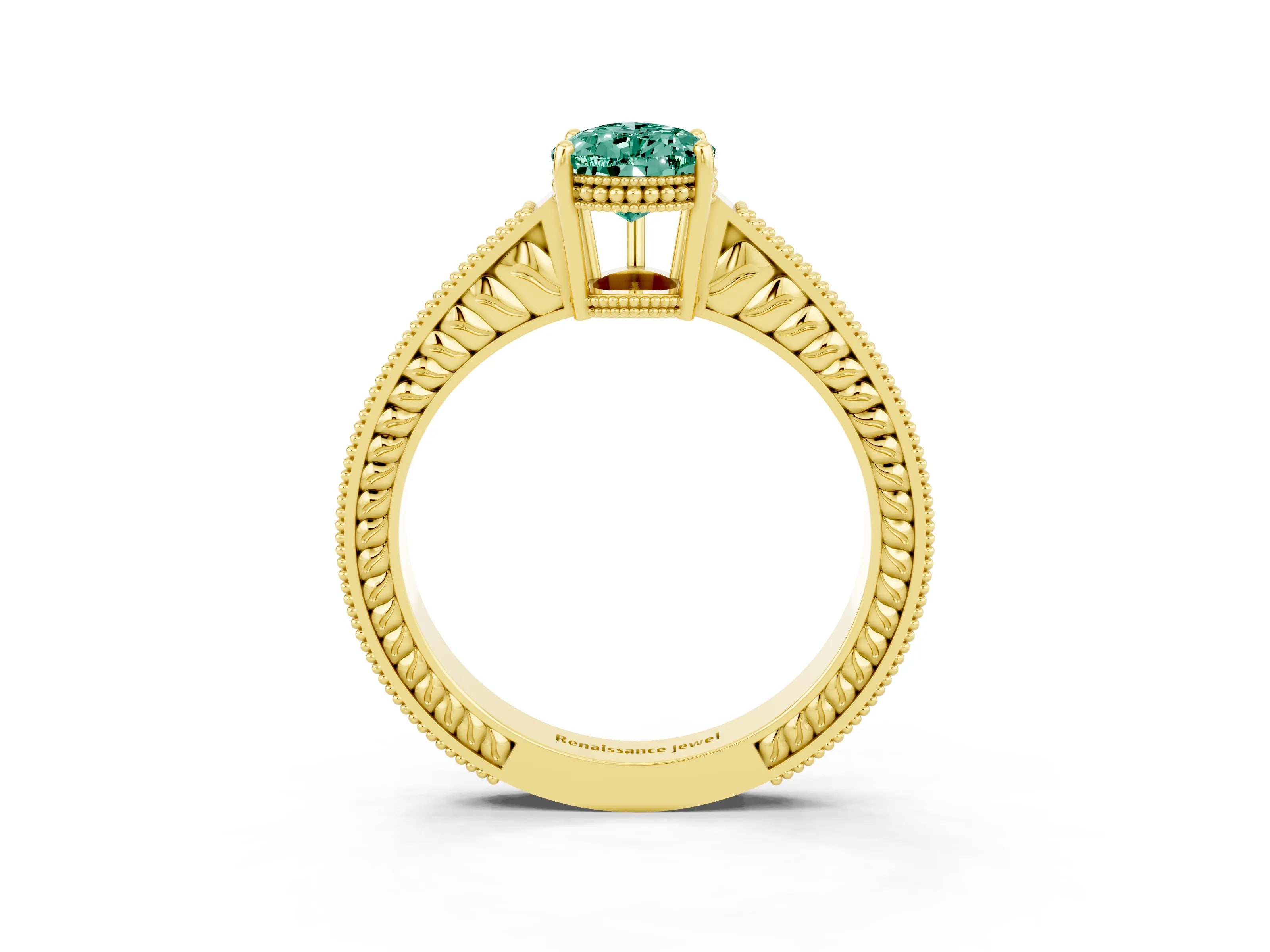 Yellow gold Pear Cut Green Sapphire Ring with Milgrain Pavé Band and Four-Prong Setting_15