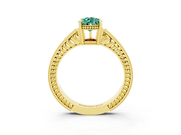 Yellow gold Pear Cut Green Sapphire Ring with Milgrain Pavé Band and Four-Prong Setting