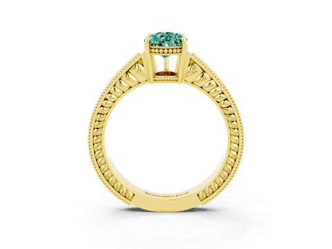 Yellow gold Pear Cut Green Sapphire Ring with Milgrain Pavé Band and Four-Prong Setting_15